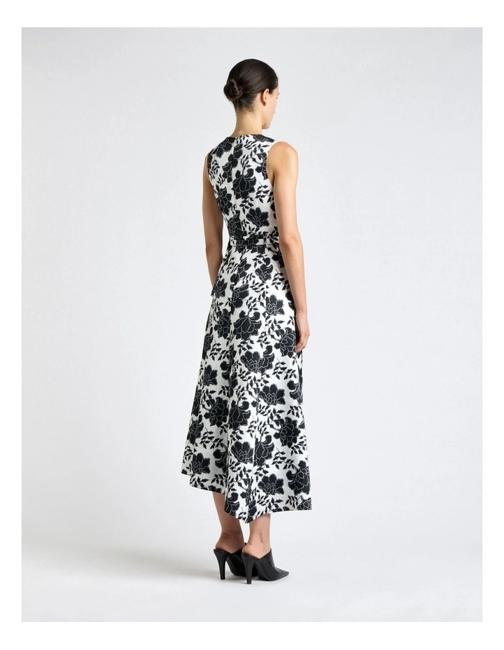 Graphic Floral Satin Draped Midi Dress in Cream image 2