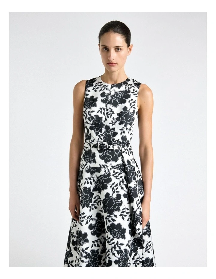 Graphic Floral Satin Draped Midi Dress in Cream image 3