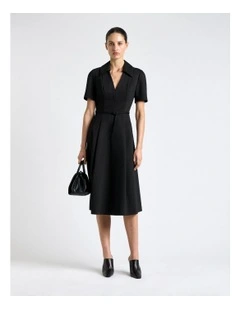 Cotton Blend Belted Midi Dress in Black