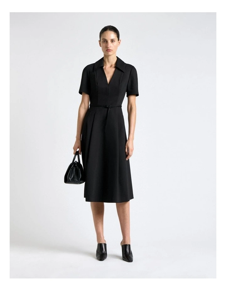 Cotton Blend Belted Midi Dress in Black image 1