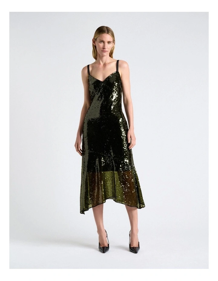 Sequin Strappy Midi Dress in Green image 1
