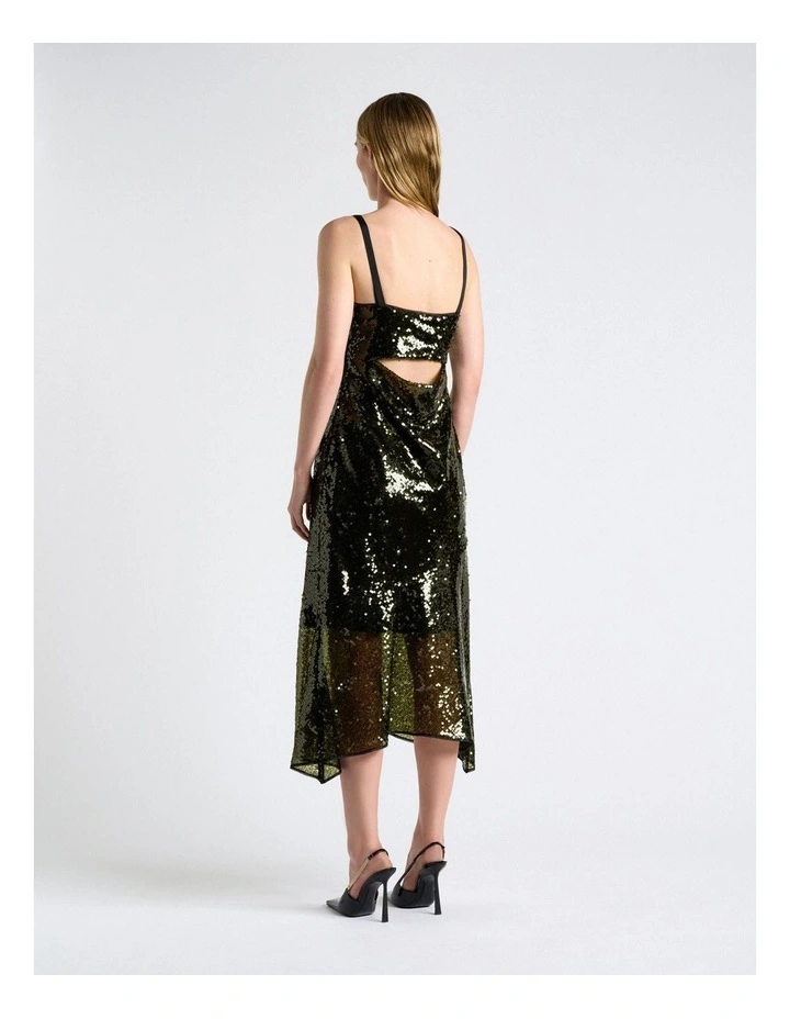 Sequin Strappy Midi Dress in Green image 2
