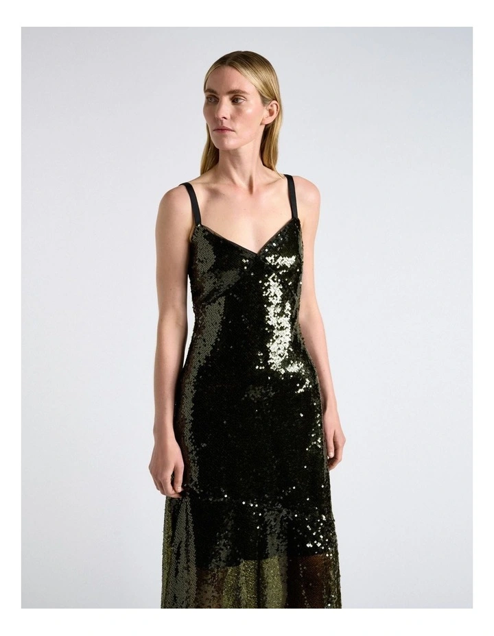 Sequin Strappy Midi Dress in Green image 3