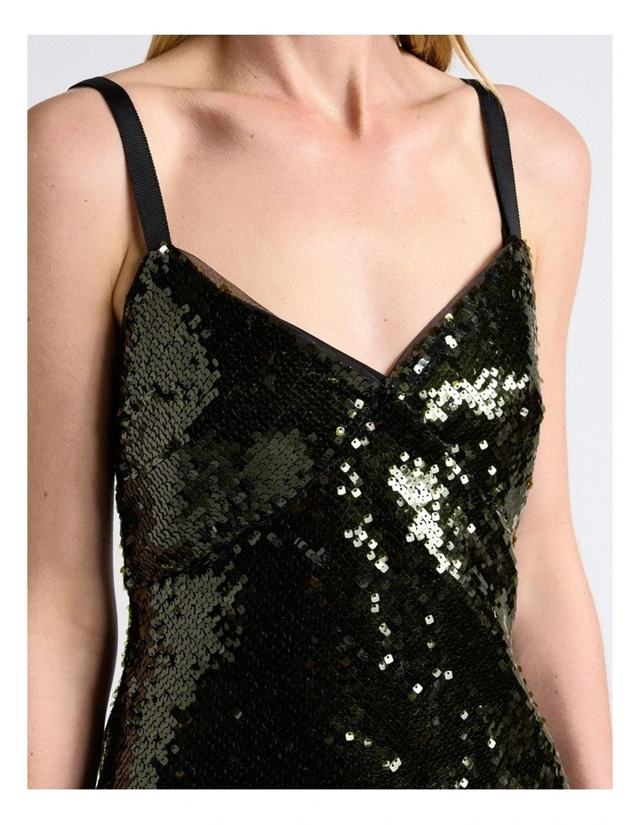Sequin Strappy Midi Dress in Green image 4