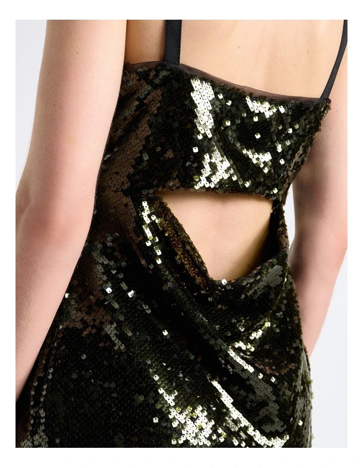 Sequin Strappy Midi Dress in Green image 6