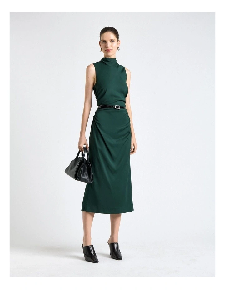 Stretch Viscose Tie Neck Dress in Green image 1