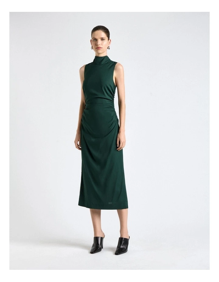 Stretch Viscose Tie Neck Dress in Green image 3