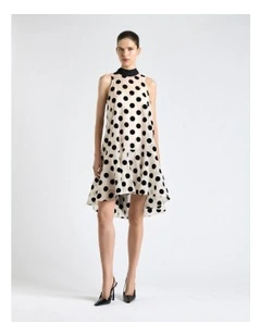 Flocked Polka Dot Tie Neck Mini Dress