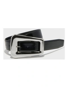 Oversized Buckle Leather Belt in Black