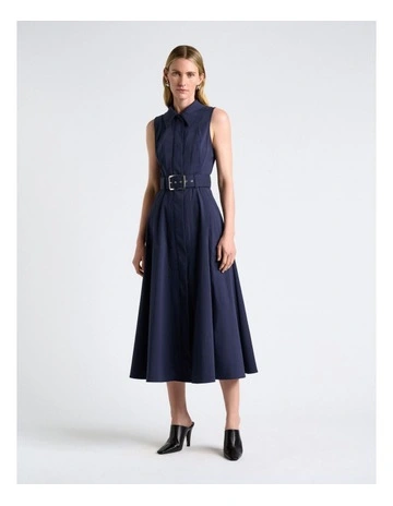 Good Earth Cotton Collared Midi Dress in Navy Blue