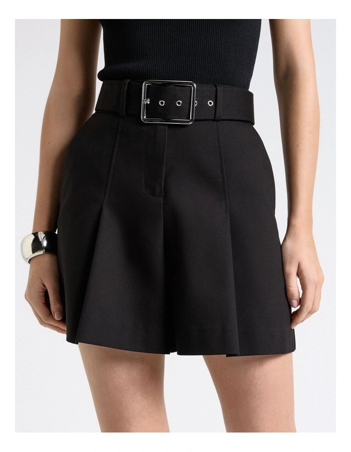 European Stretch Cotton Belted Shorts in Black image 1