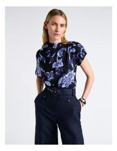 Chintz Floral Draped Fold Neck Top in Navy Blue