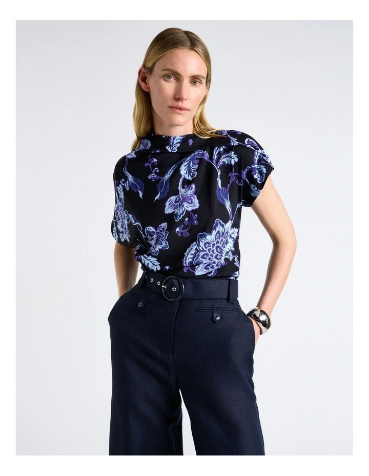 Chintz Floral Draped Fold Neck Top in Navy Blue image 1