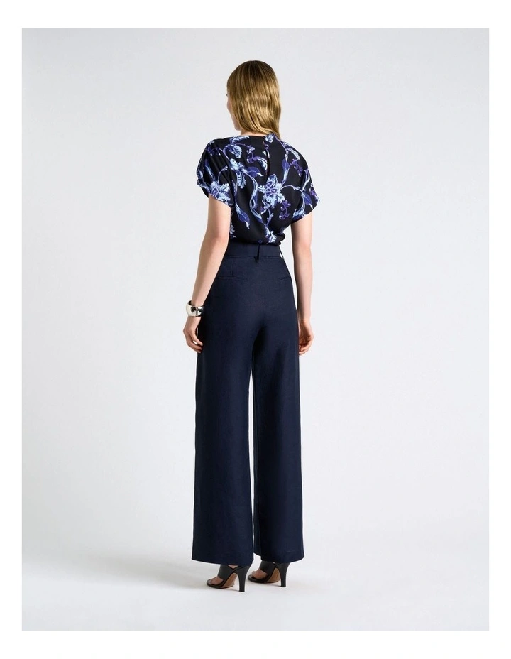Chintz Floral Draped Fold Neck Top in Navy Blue image 2