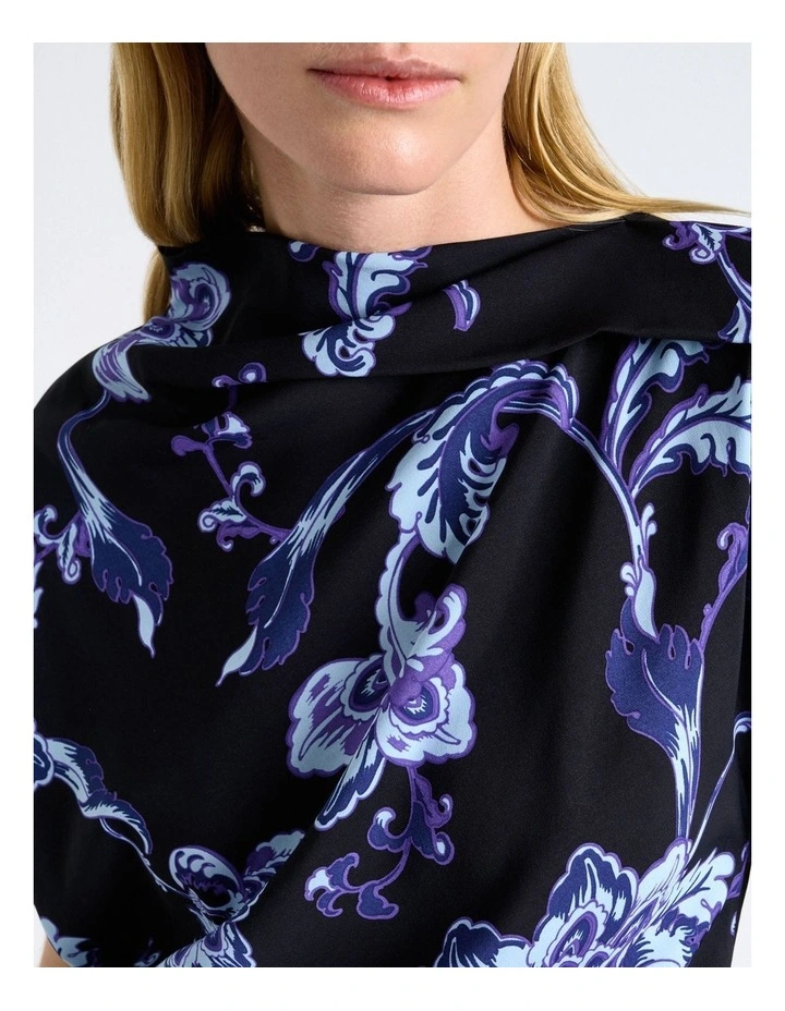 Chintz Floral Draped Fold Neck Top in Navy Blue image 3
