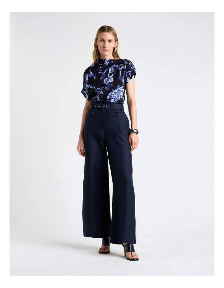 Chintz Floral Draped Fold Neck Top in Navy Blue image 4