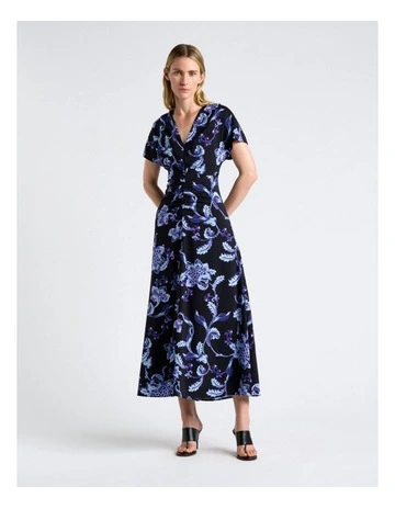 Chintz Floral Gathered Front Midi Dress in Dark Navy