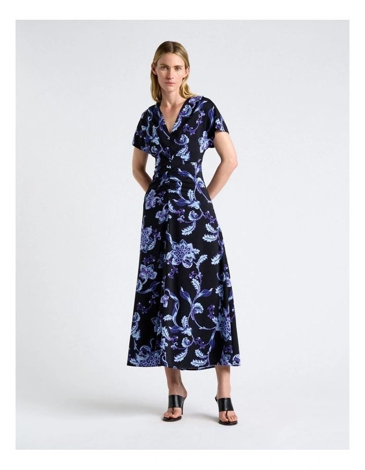 Chintz Floral Gathered Front Midi Dress in Dark Navy image 1