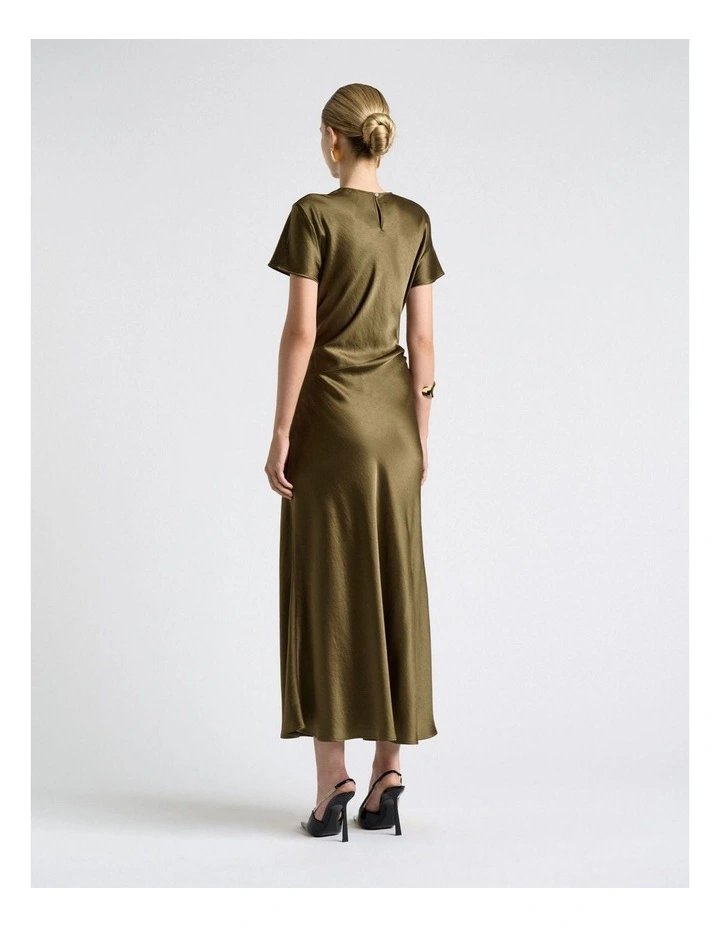 Viscose Satin Draped Waist Midi Dress in Green image 2
