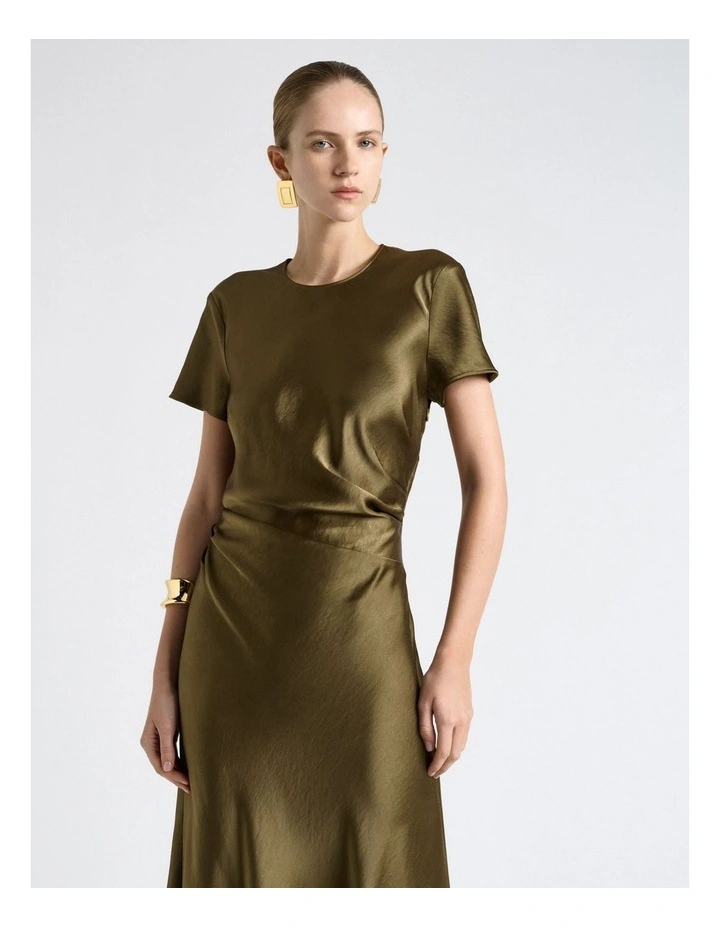 Viscose Satin Draped Waist Midi Dress in Green image 3