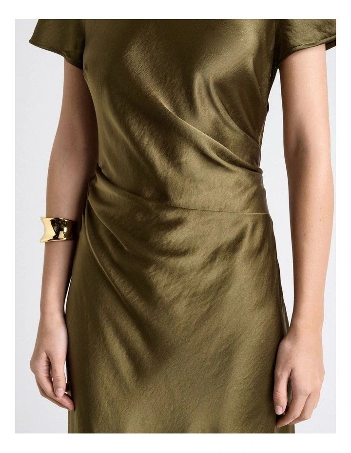 Viscose Satin Draped Waist Midi Dress in Green image 4