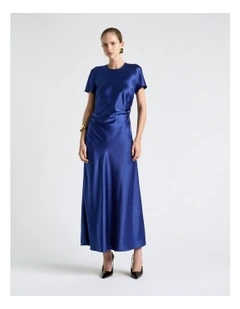 Viscose Satin Draped Waist Maxi Dress in Blue