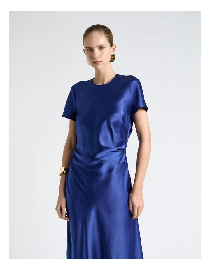 Viscose Satin Draped Waist Maxi Dress in Blue image 3