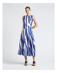 Broken Stripe Spliced Midi Dress in Blue