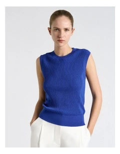 Textured Round Neck Knit Tank in Blue