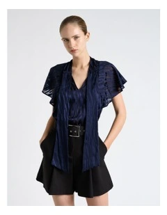 Broken Stripe Burnout Tie Neck Blouse in Blue