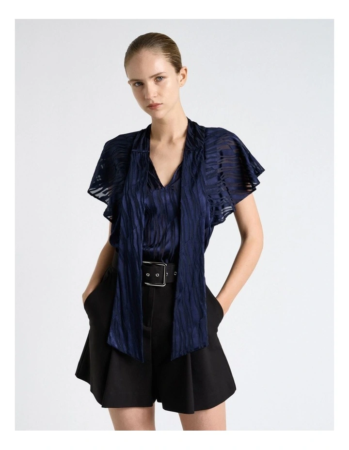 Broken Stripe Burnout Tie Neck Blouse in Blue image 1