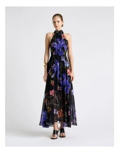 Midnight Tropical Halter Georgette Dress in Black