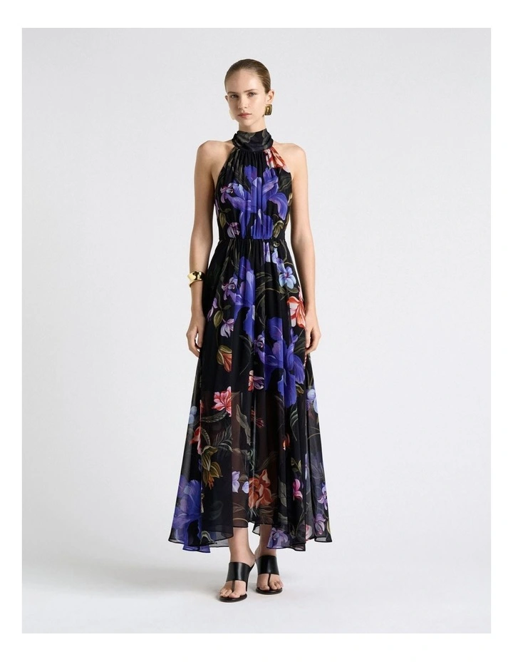 Midnight Tropical Halter Georgette Dress in Black image 1