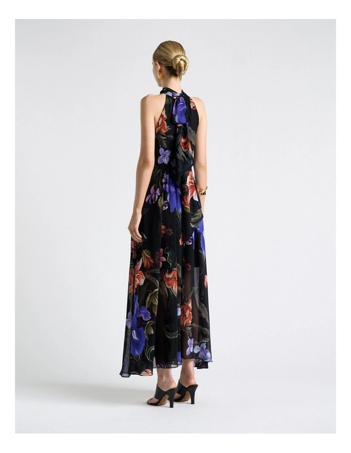 Midnight Tropical Halter Georgette Dress in Black image 2