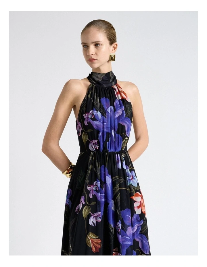 Midnight Tropical Halter Georgette Dress in Black image 3