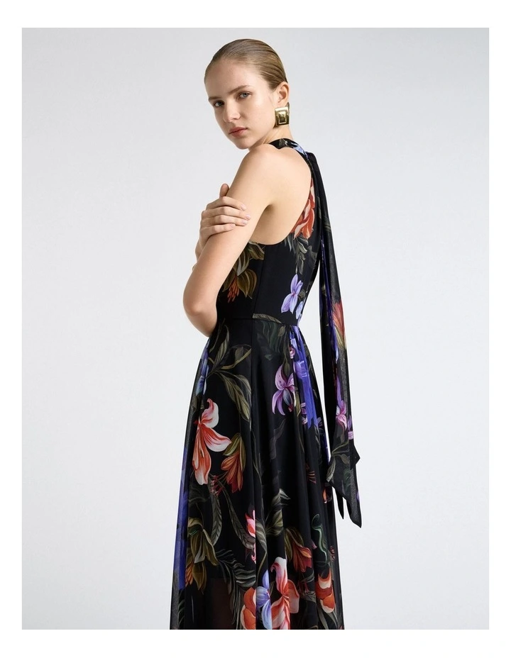 Midnight Tropical Halter Georgette Dress in Black image 5
