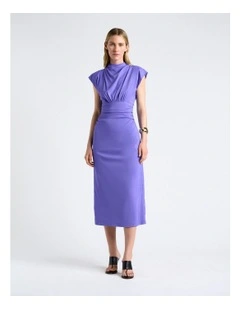 Stretch Viscose Draped Midi Dress in Blue