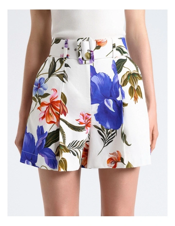 Ivory Tropical Reverie Belted Shorts in White image 1