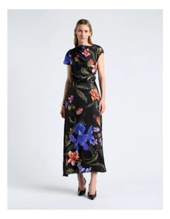 Midnight Tropical Piped Midi Dress in Black
