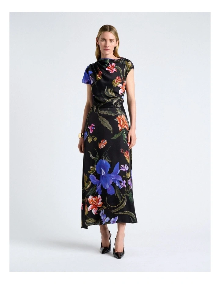 Midnight Tropical Piped Midi Dress in Black image 1