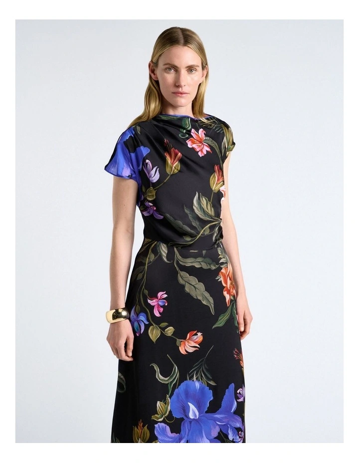 Midnight Tropical Piped Midi Dress in Black image 3