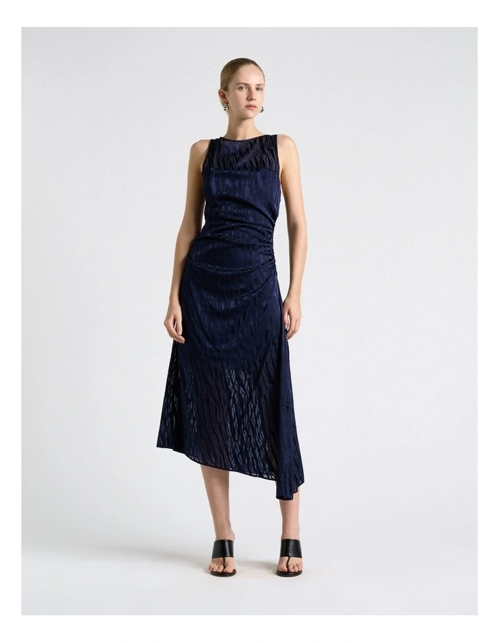 Broken Stripe Burnout Asymmetric Midi Dress in Blue image 1