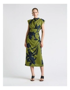 Shadow Floral Satin Ruched Waist Midi Dress in Green