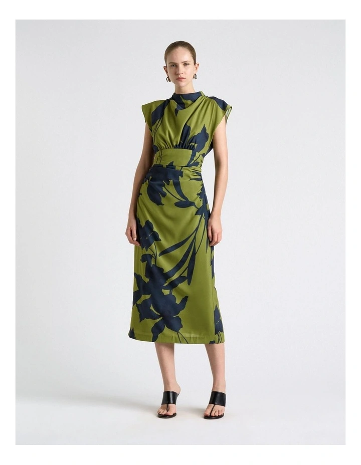 Shadow Floral Satin Ruched Waist Midi Dress in Green image 1