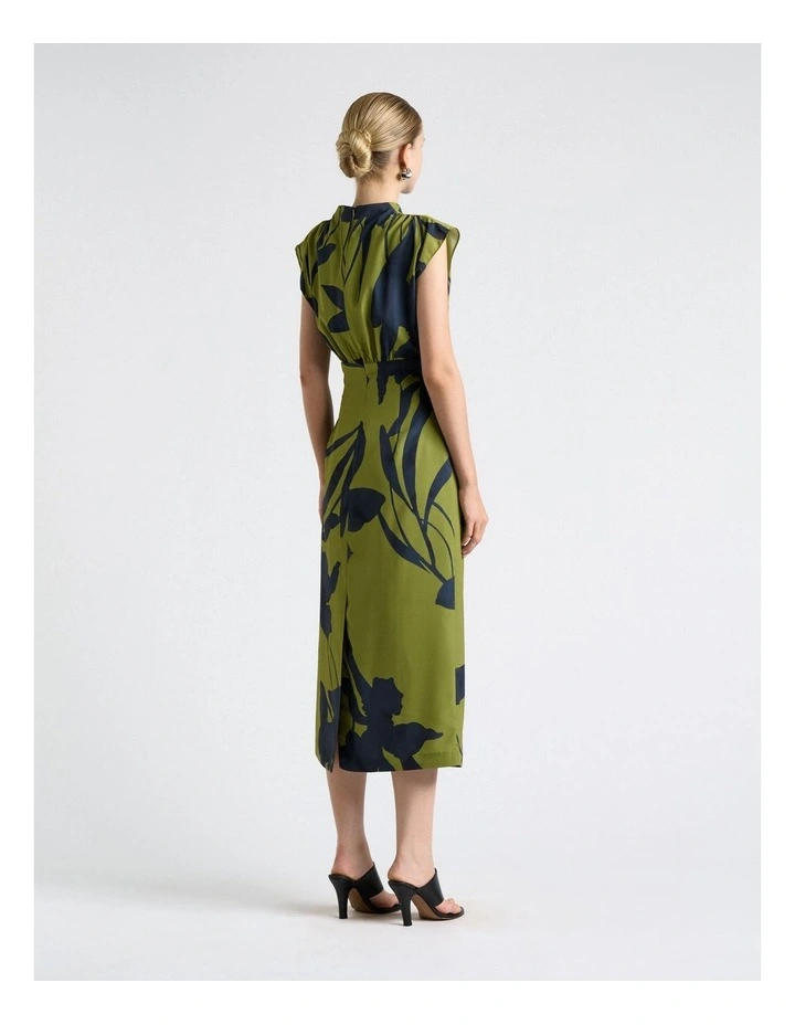 Shadow Floral Satin Ruched Waist Midi Dress in Green image 2