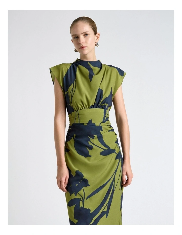 Shadow Floral Satin Ruched Waist Midi Dress in Green image 3