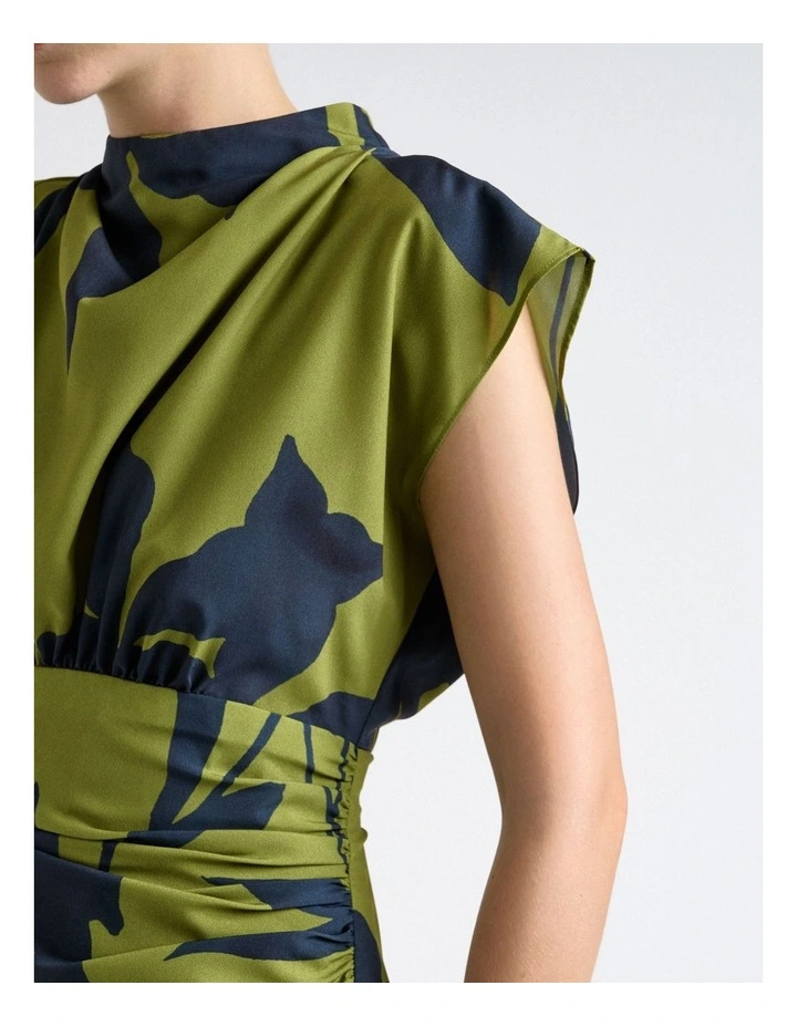 Shadow Floral Satin Ruched Waist Midi Dress in Green image 4