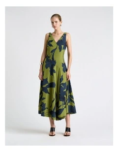 Shadow Floral Satin V-Neck Midi Dress in Green