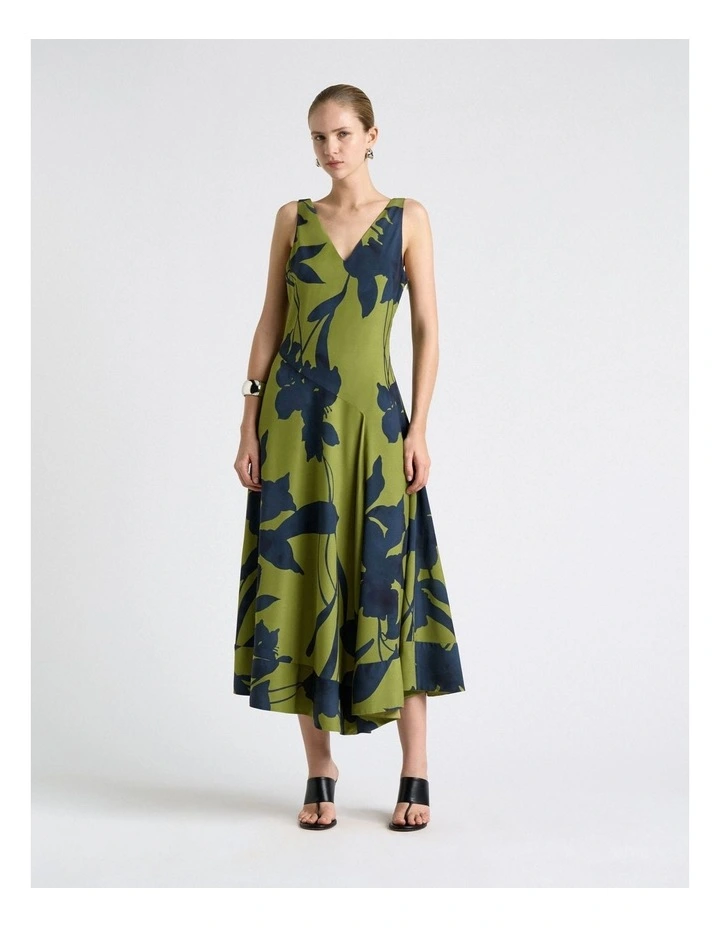 Shadow Floral Satin V-Neck Midi Dress in Green image 1