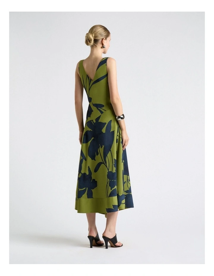 Shadow Floral Satin V-Neck Midi Dress in Green image 2